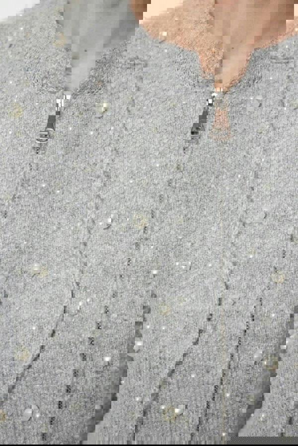 WOVCOR Soft Textured Zippered Knit Cardigan with Stone Details