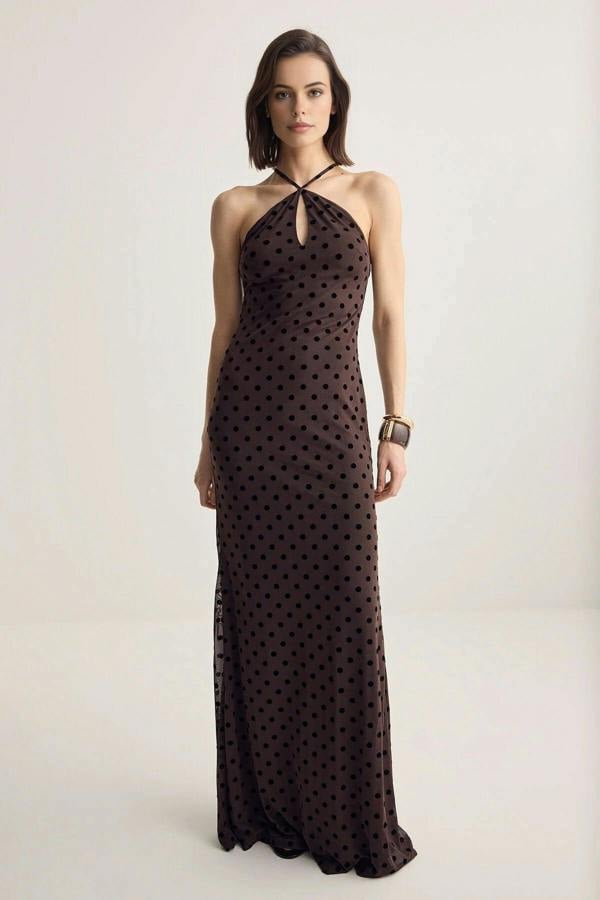 WOVCOR Polka Dot Flock Printed Tulle Evening Dress