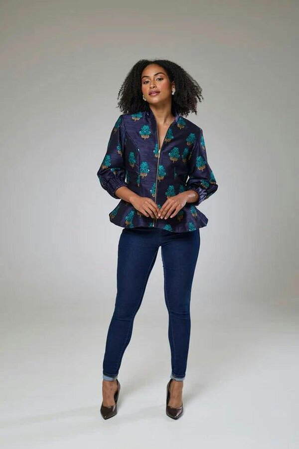 Lioness by TF Aquamarine Embroidered Raw Silk Fitted Jacket Blouse
