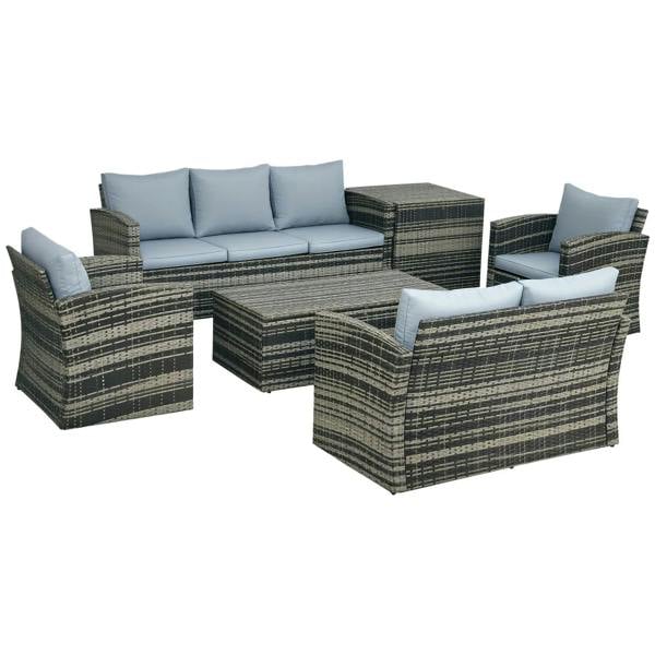 Grey wicker rattan outdoor sectional sofa set with seat cushions and storage tea table