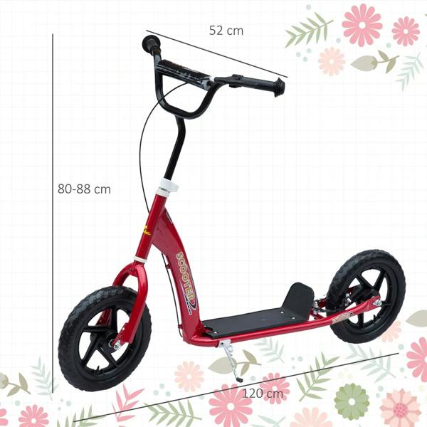 Red kids kick scooter with black handlebar, black deck, and large front and rear wheels