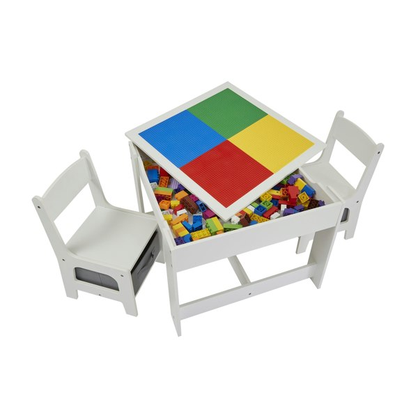 Liberty House Toys Kids Wooden Activity Table and Two Chairs with Grey Storage Bins