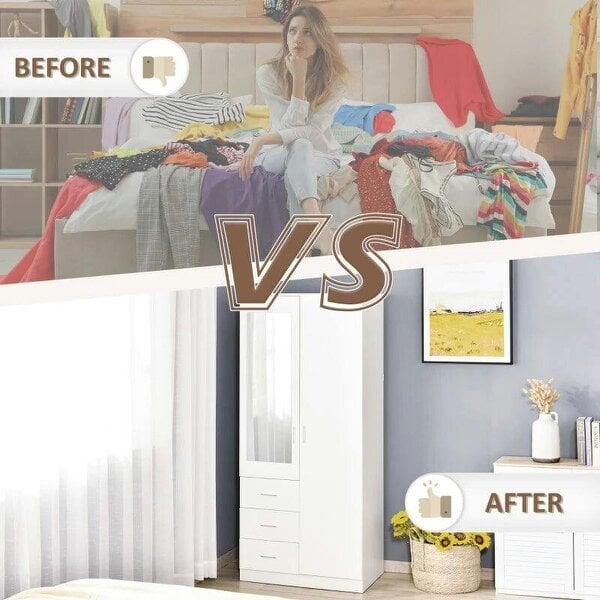Bobobiy 2 Door 3 Drawer Mirrored Wardrobe with Hanging Rail, Modern Clothes Storage Cupboard with Mirror, 80 x 50 x 180 cm, White