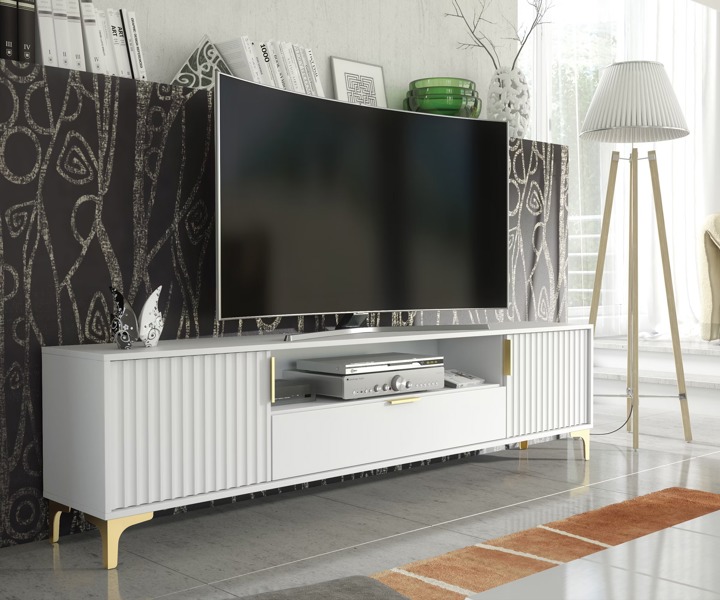 Mex Furniture Luxurious White TV Stand with Fluted Doors & Gold Accents – 200cm Media Console