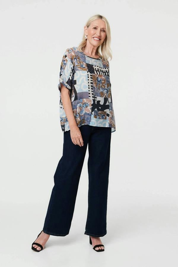 Blue | Patchwork Print 1/2 Sleeve Relaxed Top