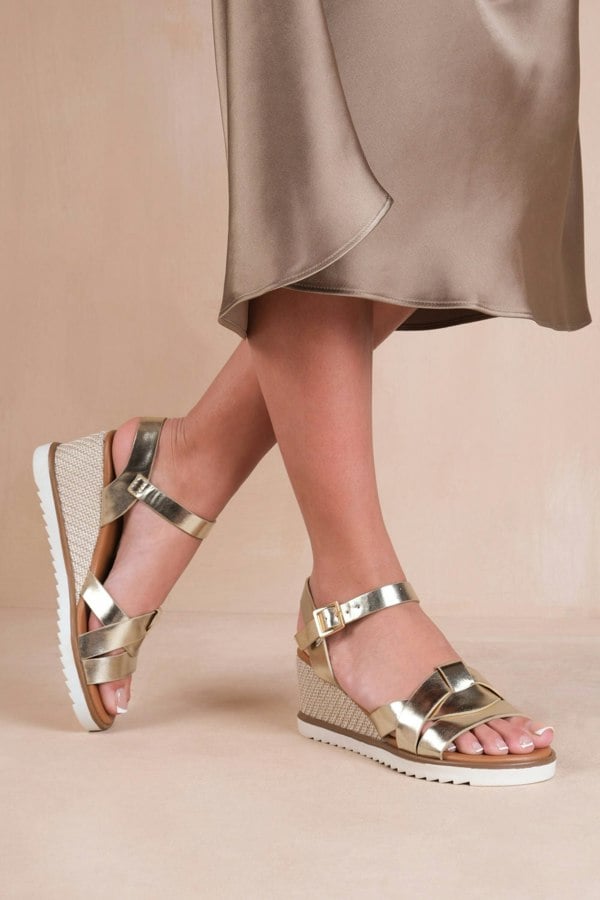 Where's That From Sydney Extra Wide Fit Wedge Shoes With Front Strap Detail in Gold Metallic Pu