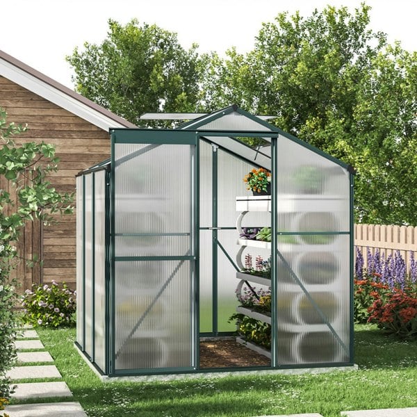 6' x 6' ft Garden Hobby Greenhouse Green Framed with Vent Garden Storages & Greenhouses Living and Home With Base W 190 x L 190 x H 195 cm