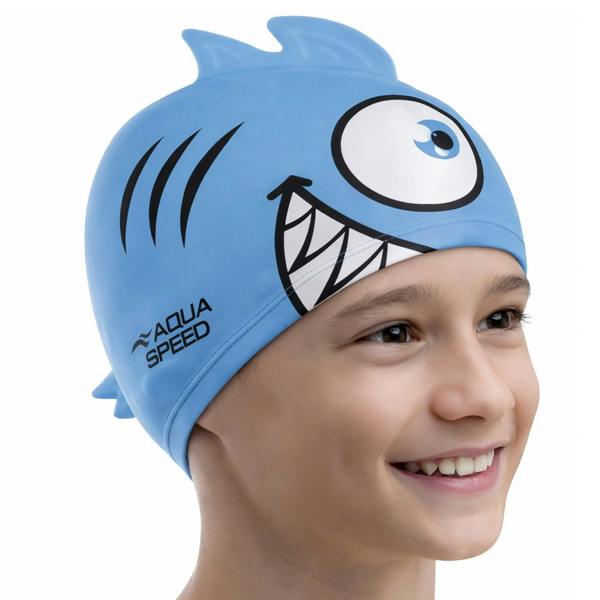 Aqua Speed Boys Girls Piranha Patterned Swimming Cap | Silicone 3D Print Easy Fit Swim Cap