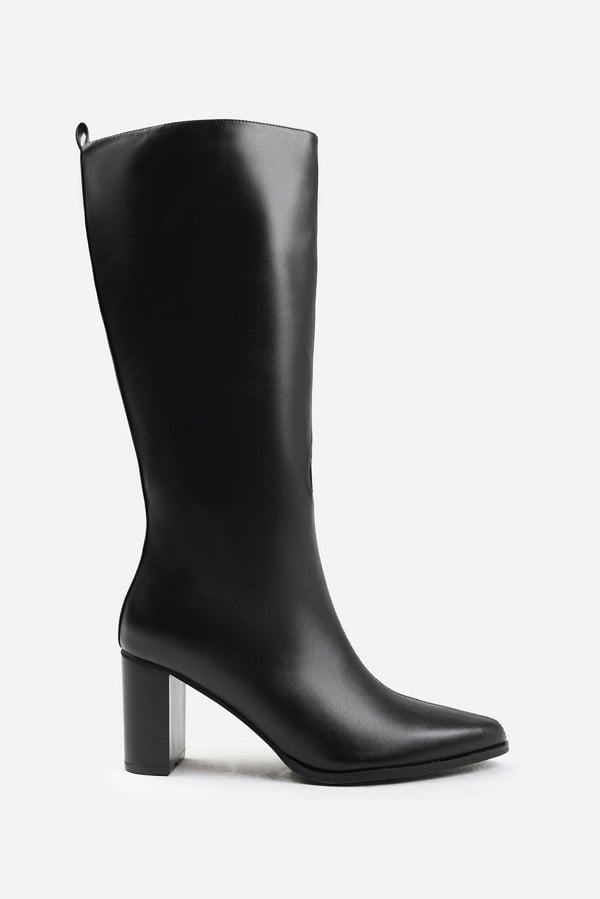 Where's That From Elder Wide Calf Block Heel Knee High Boots With Side Zip in Wide E Fit in Black Faux Leather