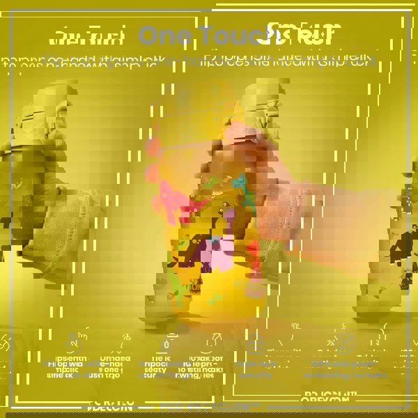 A yellow dinosaur-patterned water bottle is being held; its flip top opens one-handed. The bottle features a triple lock security mechanism and is 100% leak-proof. It's shown against a yellow background.