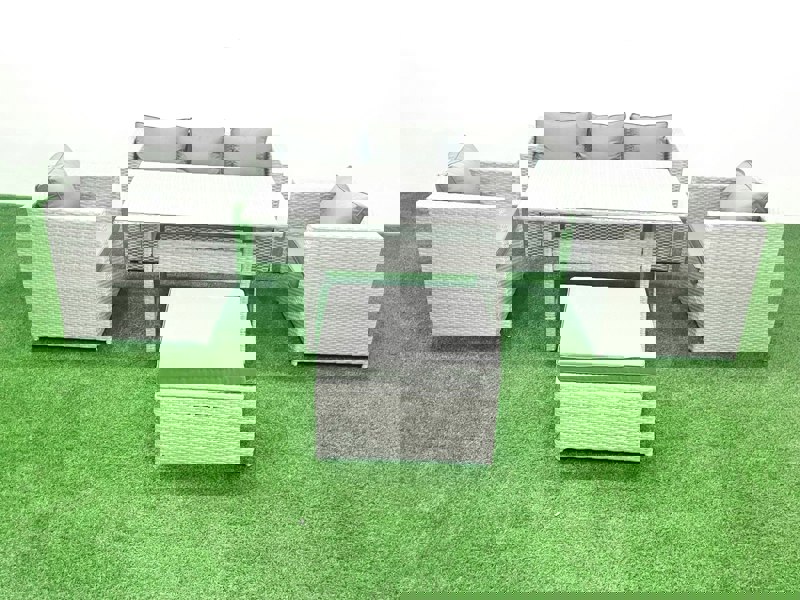 Fimous Garden Dining Set Outdoor Rattan Furniture Set with Sofa Dining Table 2 Chairs Big Footstool Light Grey Mixed