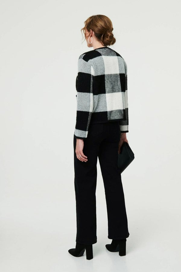 Black And White | Checkered Long Sleeve Cropped Cardigan
