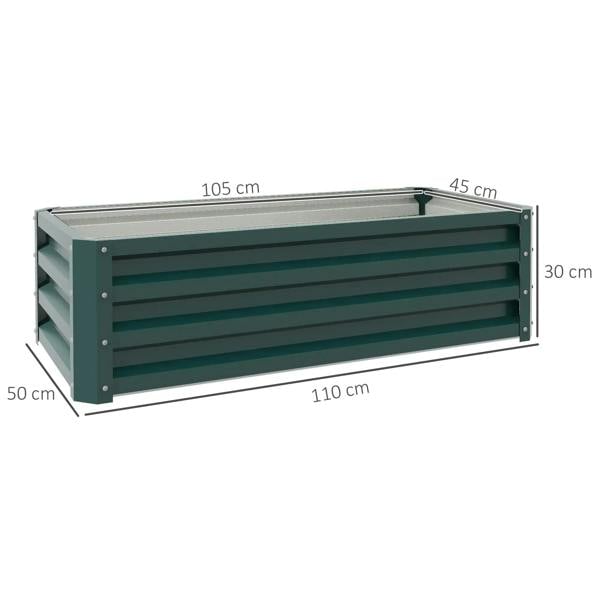Green steel planter box size diagram: 110 x 65 cm, 30 cm height
