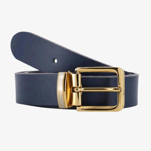 Front view of Navy leather belt with a gold buckle on a white background