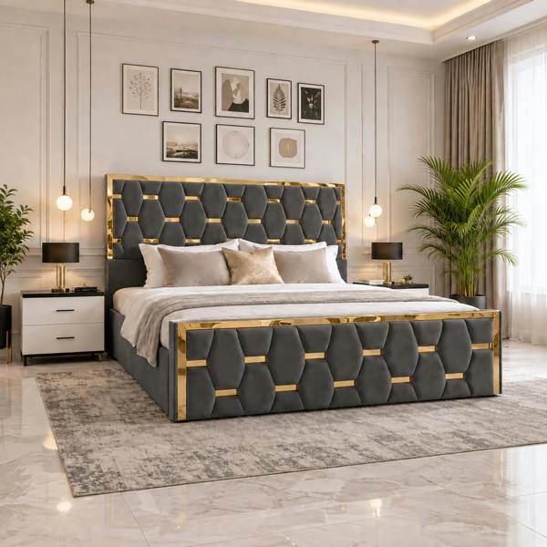 Paradise Beds Luxury Gold Trim Upholstered Bed Frame with Designer Tufted Headboard & Ottoman