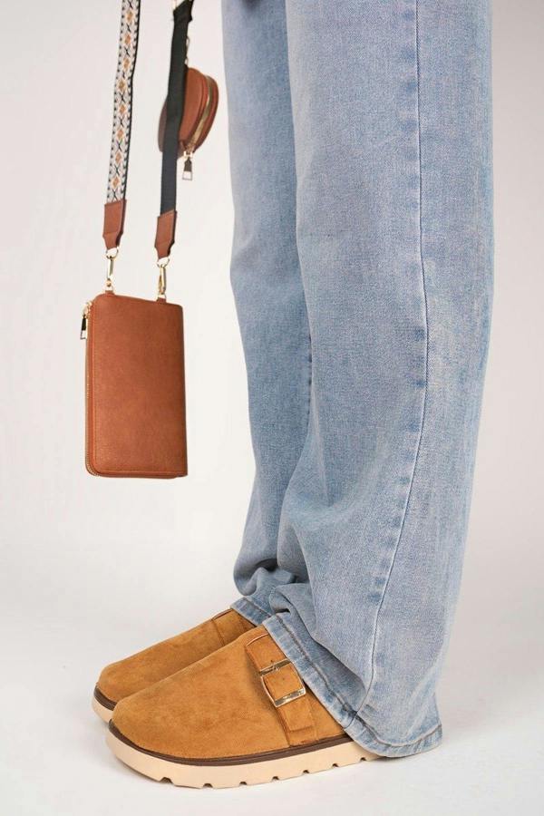 Serelina Chunky Sole Flat Slip-on Buckle Sliders - Camel