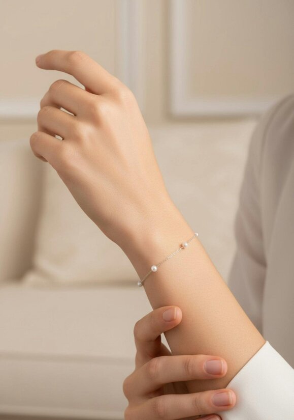 Latelita Solid 14k White Gold Natural Spaced Pearl Bracelet