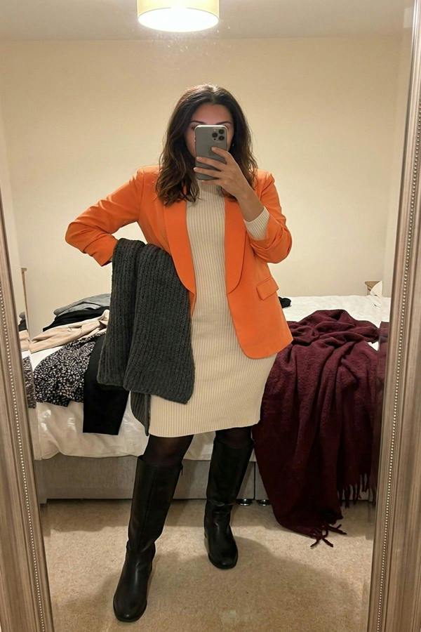 Valerie Ruched Sleeve Open Front Blazer Jacket With Front Pockets - Orange