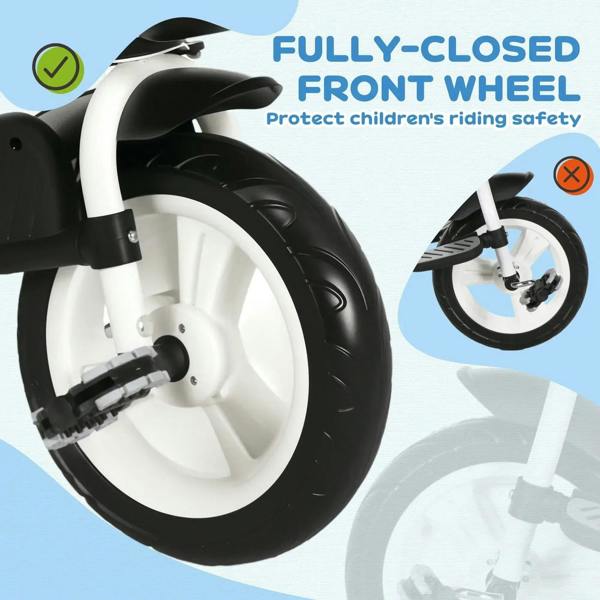 Front wheel of dark blue baby tricycle with protective fender and closed cover