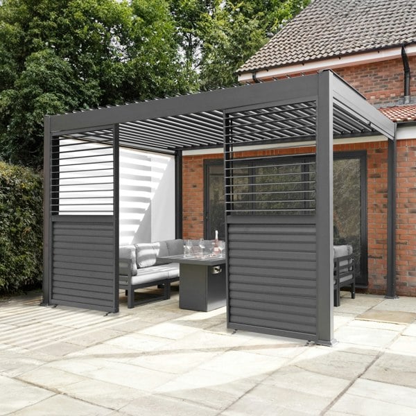Monstershop Anthracite Aluminium Pergola With White Blinds & 2 Shutter Panels - 3m x 3m