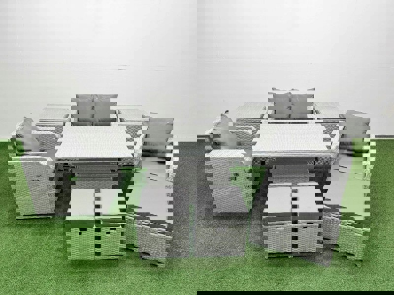 Fimous 7 Seater Light Grey PE Wicker Rattan Sofa Set - Reclining Chair, Adjustable Lifting Dining/Coffee Table & 3 Stools