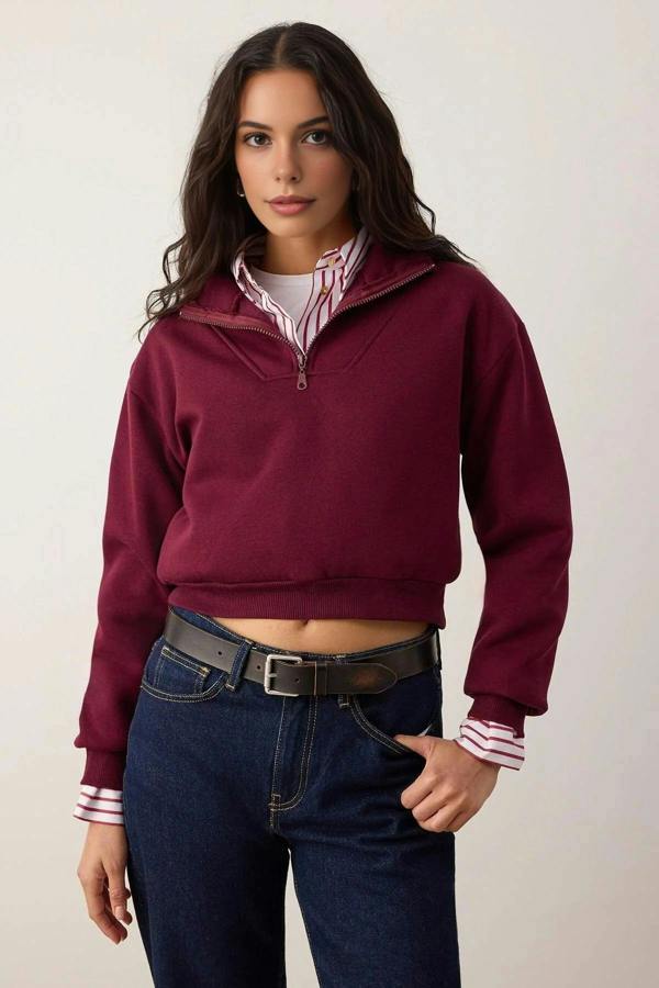 WOVCOR Stand Collar Half Zipper Crop Knit Sweatshirt with Thick Fleece Inside