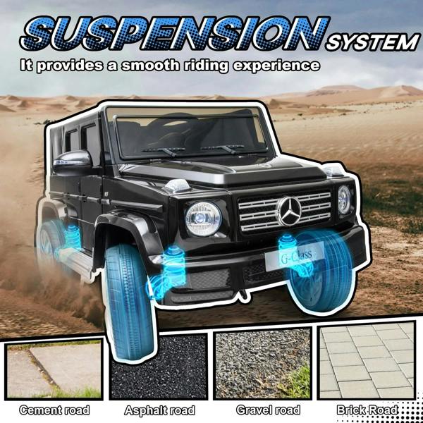 Black kids electric ride-on car with visible front suspension shock details