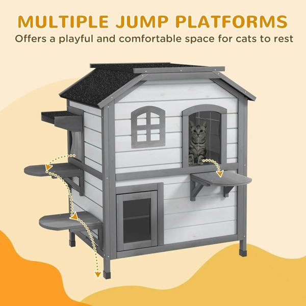 Two-story white cat house with multiple jump platforms and arched window openings
