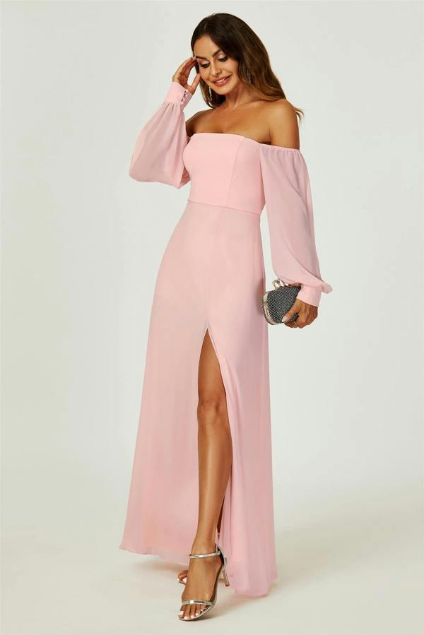 FS Collection Bardot Long Sleeve Bridesmaid Dresses with High Slit In Pink