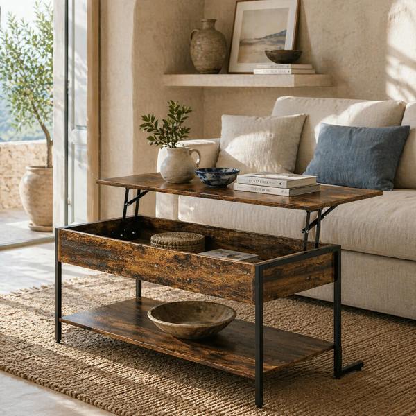 Wyld Haus Vitoli Wooden Rustic Brown Lift Top Coffee Table With Storage Compartment