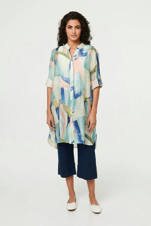 Green | Abstract 3/4 Sleeve Short Shirt Dress
