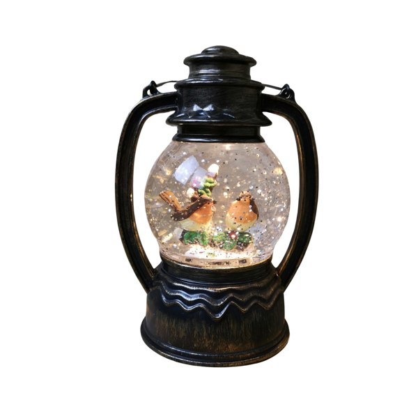 Samuel Alexander 20cm Dual Power LED Christmas Glitter Water Spinner Antique Lantern Robin Scene
