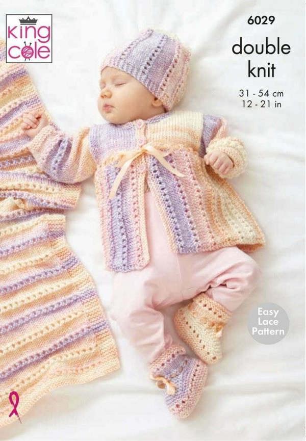 King Cole Cutie Pie DK Knitting Pattern 6029, Cardigans, Coats, Headwear, Shoes, Blankets for Baby, 12 - 21 Inches - Easy