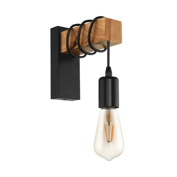 EGLO Townshend Black Metal And Natural Wood Wall Light - Vintage Industrial Style (D) 21.5cm