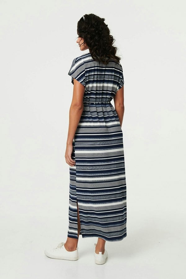 White | Striped Cap Sleeve Tie Waist Maxi Dress
