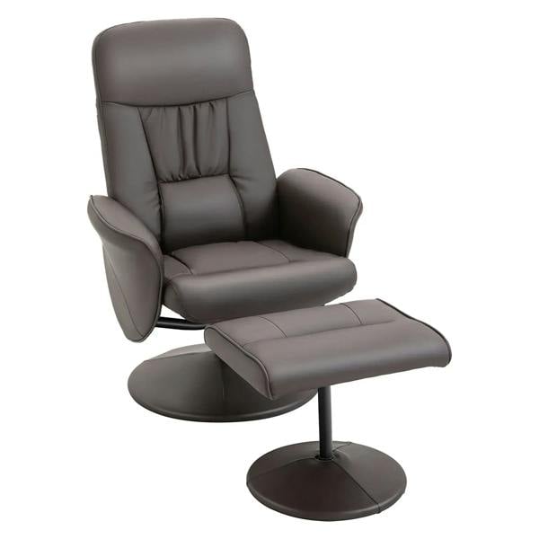 Brown executive recliner chair with high back and matching footrest, padded armrests.