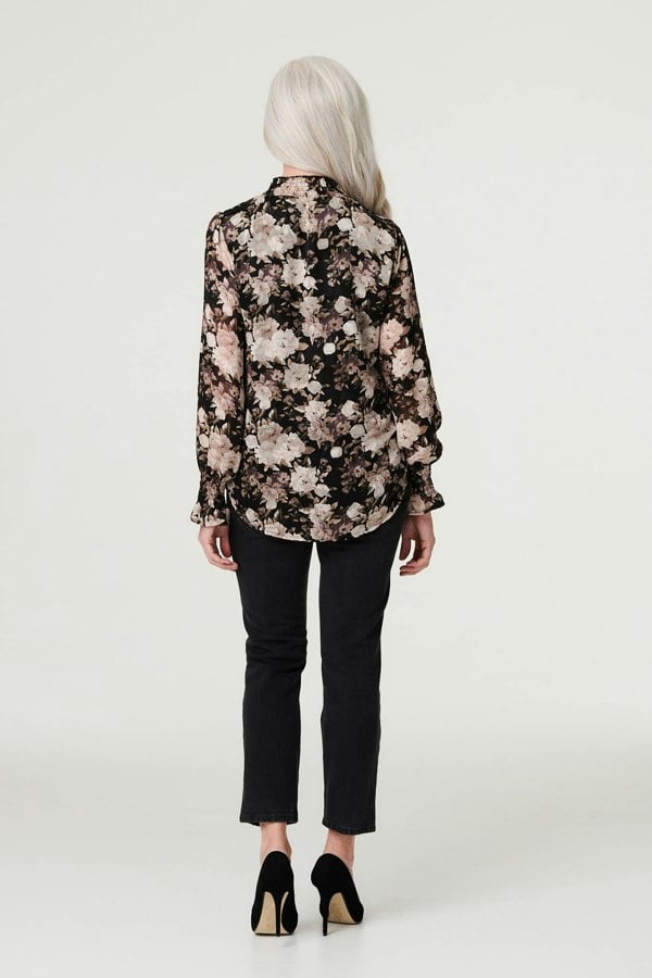 Black | Floral High Shirred Neck Blouse