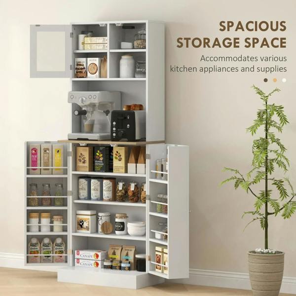 White two-door kitchen storage cabinet with open shelves and compartments