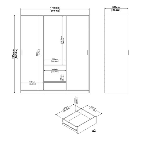 Wyld Haus Budapest White Wooden Wardrobe 3 Doors 3 Drawers