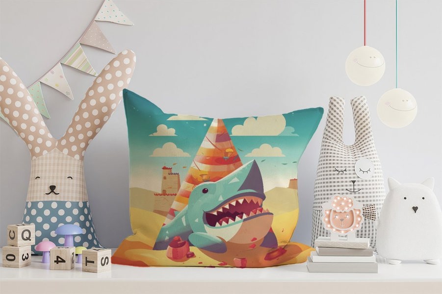 Warren Reed Shark On A Beach Holiday Cushions