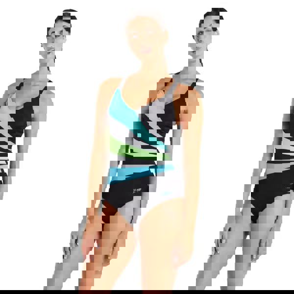 Zoggs wrap panel classicback swimsuit in black with colorful diagonal stripes