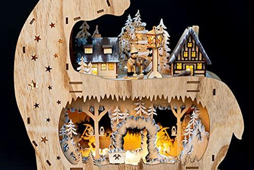 Shatchi 69cm Brown Wooden Laser Cut Reindeer Light with Village Scene and Warm White LEDs