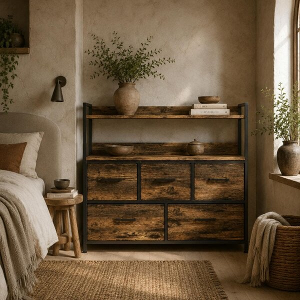 Wyld Haus Yoyota Fabric And Wood Rustic Brown 5 Drawer Rustic Storage Chest