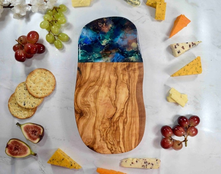 Rounded Rustic Olive Wood Cutting Board 30cm - blue gold bronze kitchen decor - cheese lover gift ideas - Kate Chesters Art - charcuterie tapas serving board