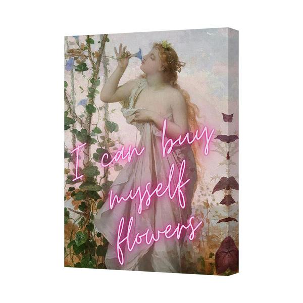 Benjamin Tate Design I Can Buy Myself Flowers Neon Pink Quote Canvas Wall Art