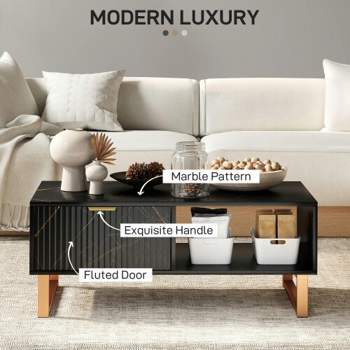 Wyld Haus Neva Wooden Black Marble Effect Coffee Table With Integrated Storage