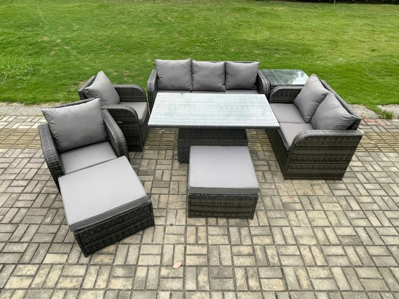 Fimous Outdoor Rattan Furniture Garden Dining Set Patio Height Adjustable Rising lifting Table Reclining Chair Sofa With Side Table 2 Big Footstools