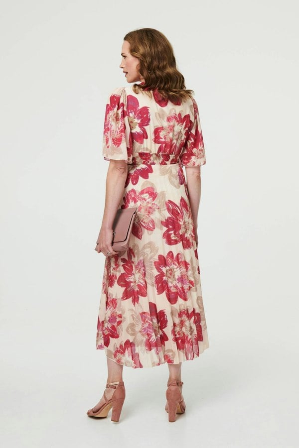 Pink | Floral 1/2 Sleeve Empire Midi Dress
