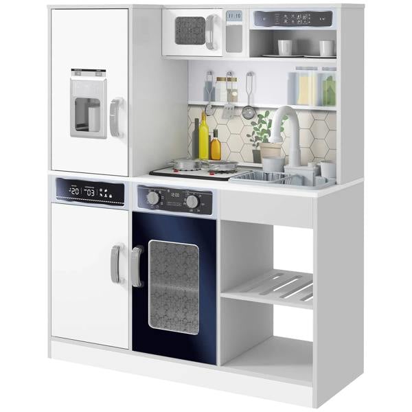 White kids toy kitchen playset with sink, stove, faucet, fridge, and oven doors
