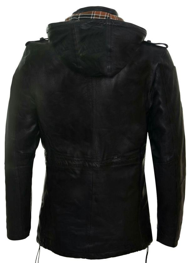 Infinity Leather Mens Hooded Trench Multi-Pocket Overcoat Leather Jacket